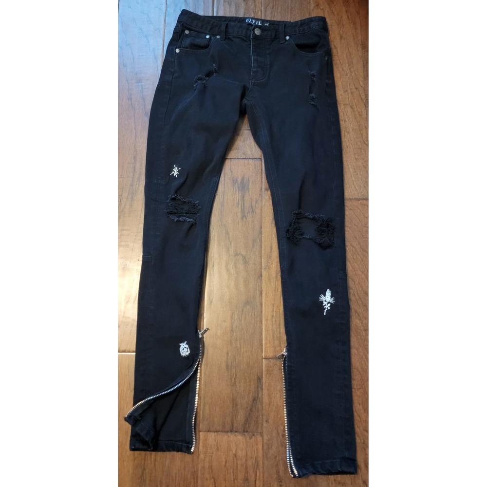 Civil Regime Men's Button Fly‎ Ankle Zip Distressed Black Denim Jeans Size 30x33